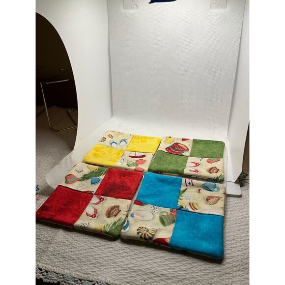 Handmade Quilted Coastal Coasters - Set Of 4 - Multi-Color Patchwork - Home Deco - Picture 3 of 5